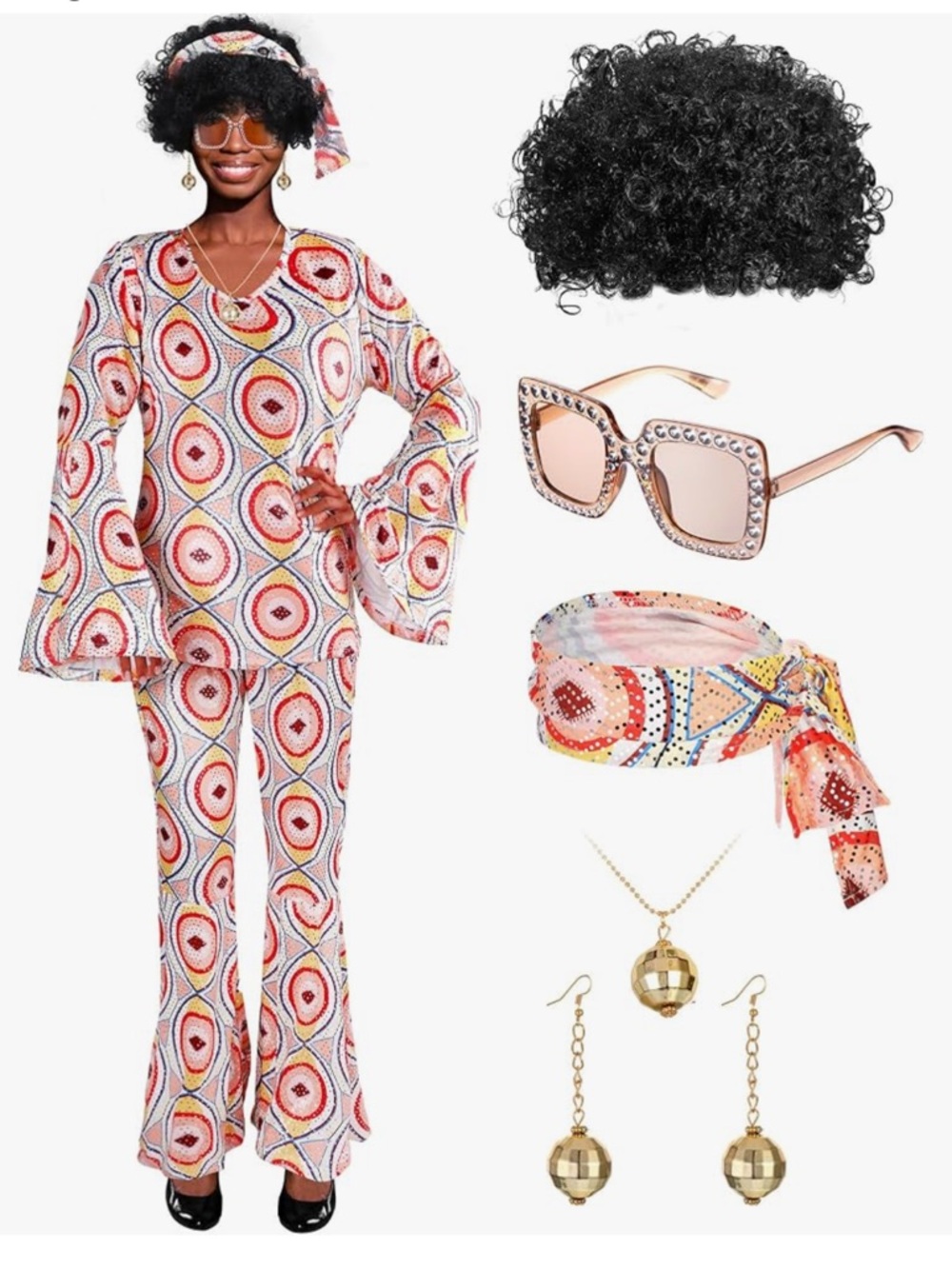 Disco Costume Women’s XL Outfit 70s Top Pants Sunglasses Wig Necklace Earrings